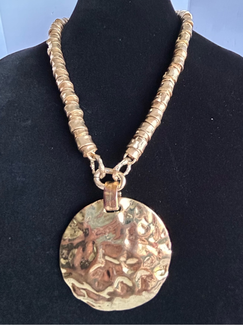 Zara Gold-Tone Hammered Round Pendant Necklace 4 - Picture 13 of 13